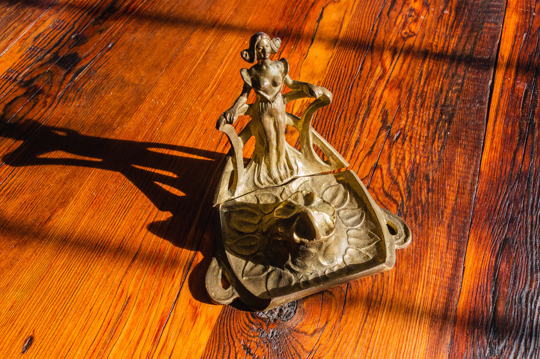 Art Nouveau Woman Inkwell Vintage Figural Brass Desk Decor