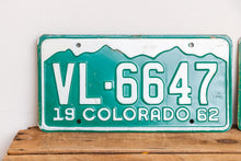 Load image into Gallery viewer, Colorado 1962 License Plate Pair Vintage Green CO Wall Hanging Decor - Eagle&#39;s Eye Finds
