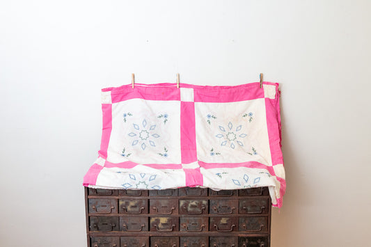 Diamond Star Hand Stitched Quilt Top Vintage Pink Bedroom Decor