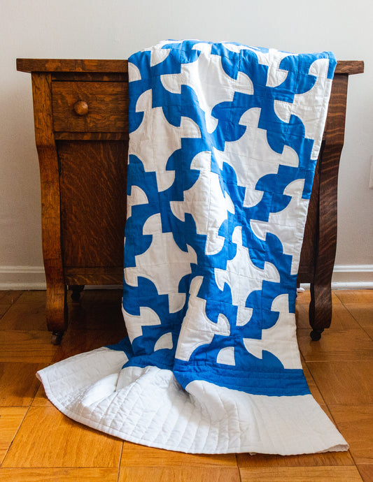 Drunkard's Path Hand Stitched Quilt Vintage Blue Cottage Decor