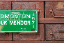 Load image into Gallery viewer, Edmonton Alberta 1971 Milk Vendor License Plate Vintage Green Canada Wall Decor - Eagle&#39;s Eye Finds
