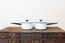 Load image into Gallery viewer, Enamelware Sauce Pan Pot Vintage Black and White Kitchen Decor Accent - Eagle&#39;s Eye Finds
