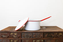 Load image into Gallery viewer, Enamelware Cooking Pot Vintage Red and White Kitchen Decor Accent - Eagle&#39;s Eye Finds
