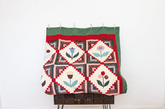 Floral Appliqued Log Cabin Quilt Vintage Flower Cottage Decor