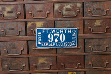 Load image into Gallery viewer, Ft. Worth Texas 1983 License Plate Vintage Blue and White Waste Hauling Tag - Eagle&#39;s Eye Finds
