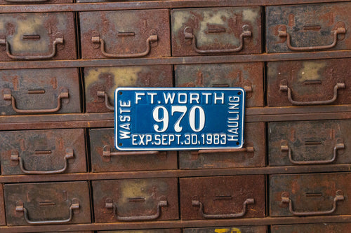 Ft. Worth Texas 1983 License Plate Vintage Blue and White Waste Hauling Tag - Eagle's Eye Finds