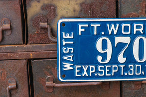 Ft. Worth Texas 1983 License Plate Vintage Blue and White Waste Hauling Tag - Eagle's Eye Finds