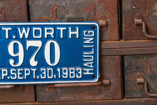 Load image into Gallery viewer, Ft. Worth Texas 1983 License Plate Vintage Blue and White Waste Hauling Tag - Eagle&#39;s Eye Finds

