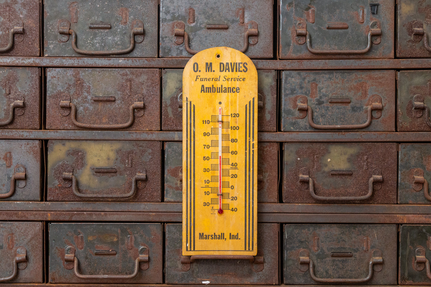 O. M. Davies Funeral Service Thermometer Vintage Wood Ambulance Advertising - Eagle's Eye Finds