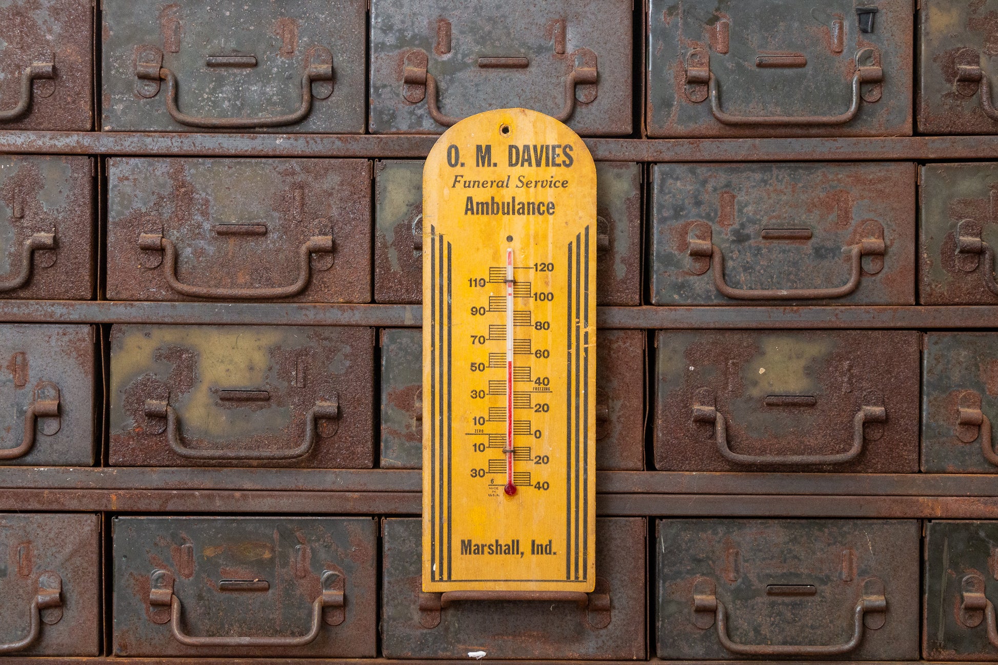 O. M. Davies Funeral Service Thermometer Vintage Wood Ambulance Advertising - Eagle's Eye Finds