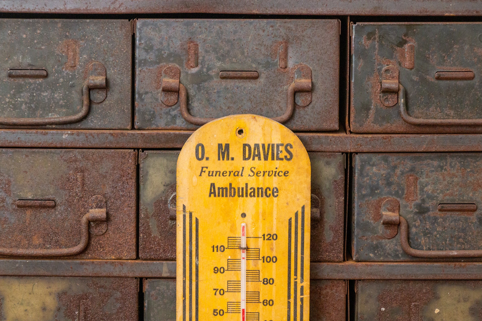 O. M. Davies Funeral Service Thermometer Vintage Wood Ambulance Advertising - Eagle's Eye Finds
