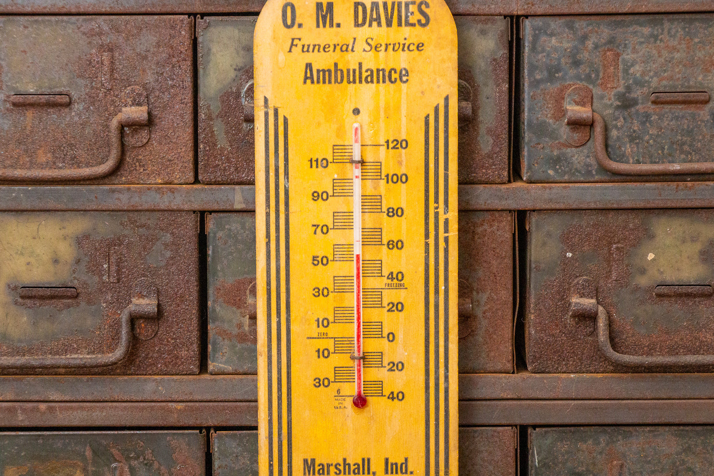 O. M. Davies Funeral Service Thermometer Vintage Wood Ambulance Advertising - Eagle's Eye Finds