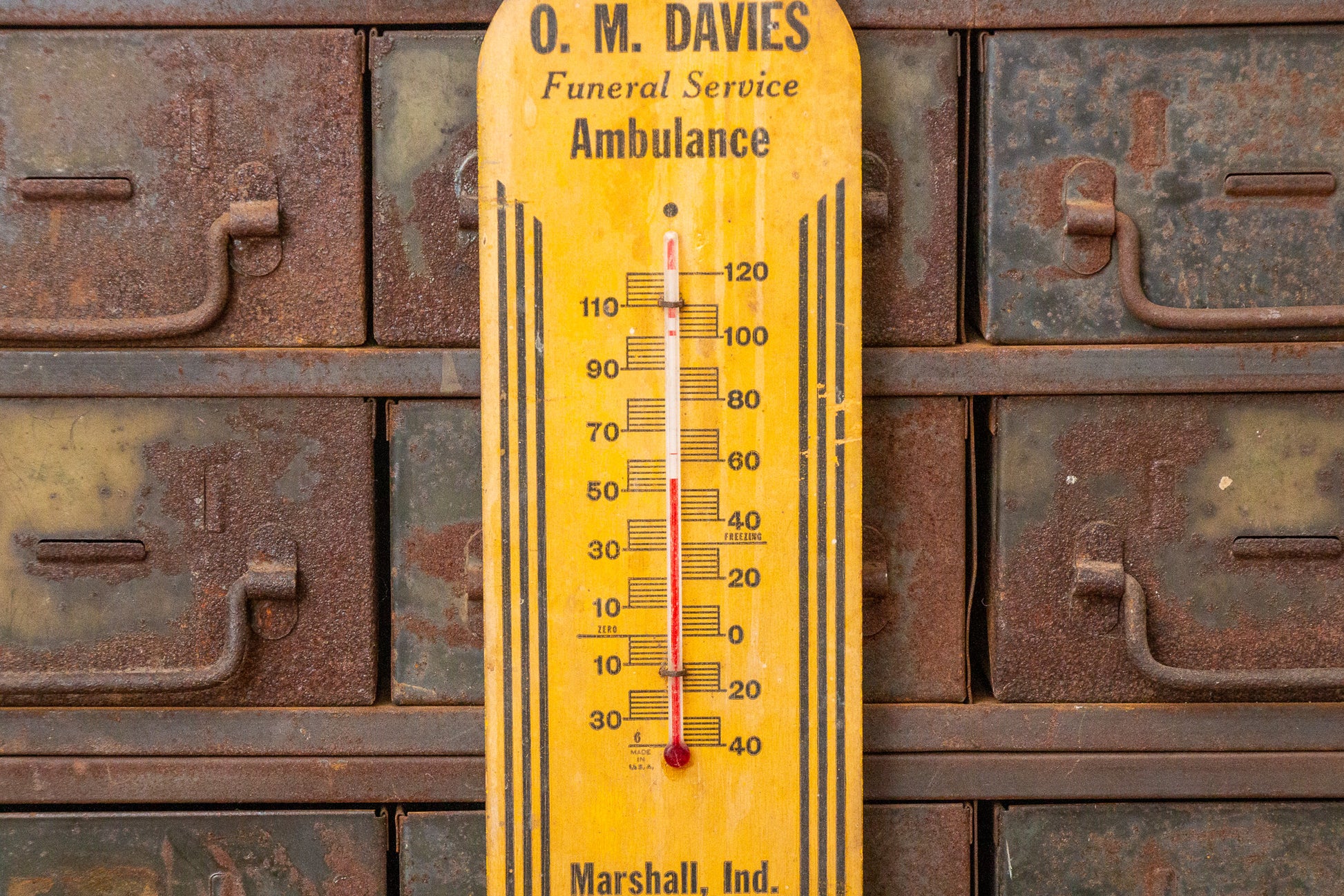 O. M. Davies Funeral Service Thermometer Vintage Wood Ambulance Advertising - Eagle's Eye Finds