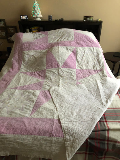 Pink Sawtooth Star Hand Stitched Embroidered Quilt Vintage Farmhouse Decor - Eagle's Eye Finds