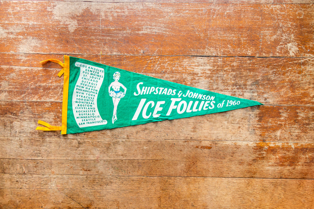 1960 Ice Follies Vintage Green Pennant Winter Holiday Wall Decor