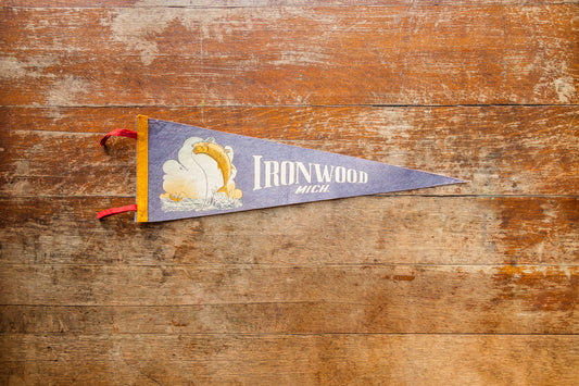 Ironwood Michigan Felt Pennant Vintage Blue Fishing Wall Decor