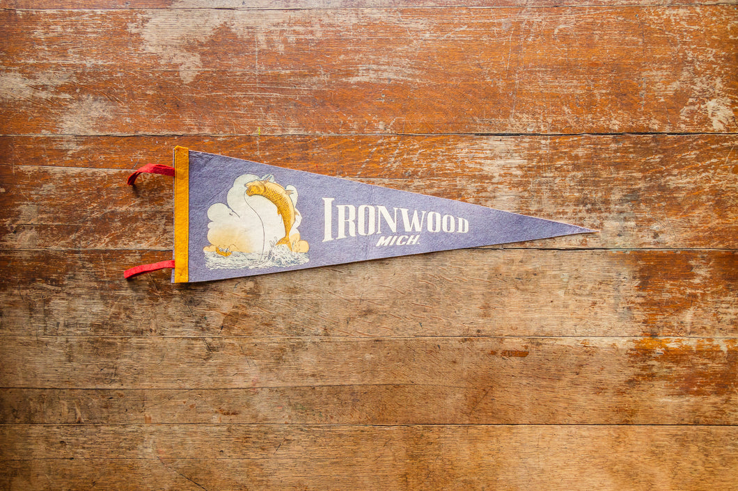 Ironwood Michigan Felt Pennant Vintage Blue Fishing Wall Decor