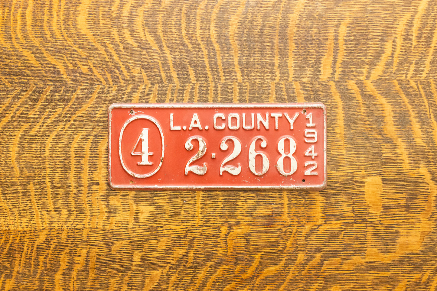 1942 Los Angeles Tax Tag License Plate Topper Vintage Red California