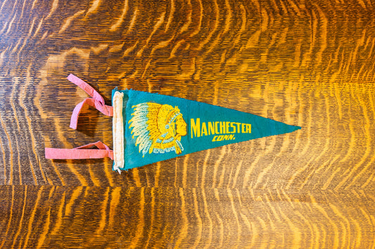 Manchester CT Teal Felt Pennant Vintage Connecticut Native American Wall Decor