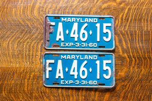 1960 Maryland License Plate Pair FA-46-15 YOM DMV Clear