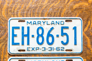 1962 Maryland License Plate Pair EH-86-51 YOM DMV Clear