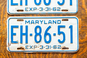 1962 Maryland License Plate Pair EH-86-51 YOM DMV Clear