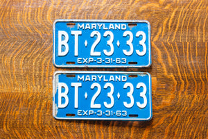 1963 Maryland License Plate Pair BT-23-33 YOM DMV Clear 333