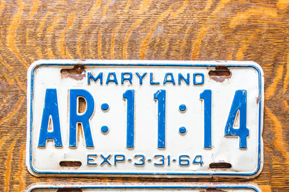 1964 Maryland License Plate Pair AR-11-14 YOM DMV Clear 111