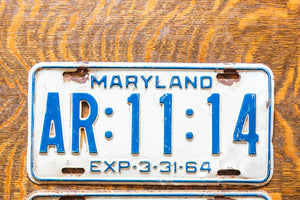 1964 Maryland License Plate Pair AR-11-14 YOM DMV Clear 111
