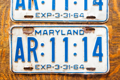 1964 Maryland License Plate Pair AR-11-14 YOM DMV Clear 111