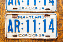 Load image into Gallery viewer, 1964 Maryland License Plate Pair AR-11-14 YOM DMV Clear 111
