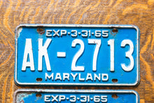 Load image into Gallery viewer, 1965 Maryland License Plate Pair AK-2713 YOM DMV Clear
