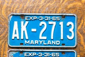 1965 Maryland License Plate Pair AK-2713 YOM DMV Clear