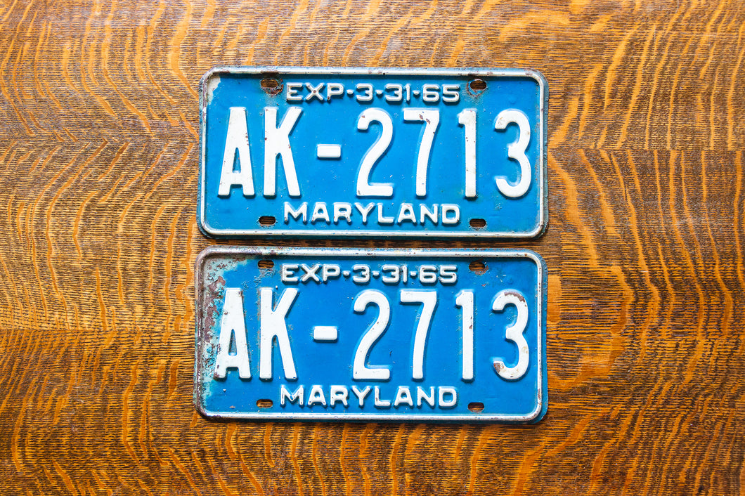 1965 Maryland License Plate Pair AK-2713 YOM DMV Clear