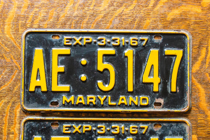 1967 Maryland License Plate Pair AE-5147 YOM DMV Clear