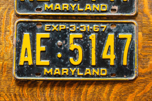 1967 Maryland License Plate Pair AE-5147 YOM DMV Clear