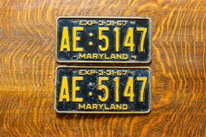 1967 Maryland License Plate Pair AE-5147 YOM DMV Clear