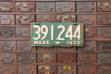 Load image into Gallery viewer, Massachusetts 1933 License Plate Vintage Green Wall Decor - Eagle&#39;s Eye Finds
