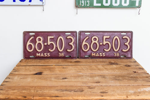 Massachusetts 1938 License Plate Pair Vintage YOM Original Paint Car Decor 68-503 - Eagle's Eye Finds