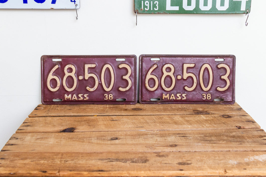 Massachusetts 1938 License Plate Pair Vintage YOM Original Paint Car Decor 68-503 - Eagle's Eye Finds