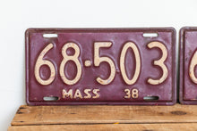 Load image into Gallery viewer, Massachusetts 1938 License Plate Pair Vintage YOM Original Paint Car Decor 68-503 - Eagle&#39;s Eye Finds
