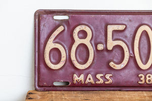 Massachusetts 1938 License Plate Pair Vintage YOM Original Paint Car Decor 68-503 - Eagle's Eye Finds