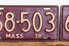 Load image into Gallery viewer, Massachusetts 1938 License Plate Pair Vintage YOM Original Paint Car Decor 68-503 - Eagle&#39;s Eye Finds
