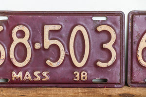 Massachusetts 1938 License Plate Pair Vintage YOM Original Paint Car Decor 68-503 - Eagle's Eye Finds