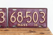Load image into Gallery viewer, Massachusetts 1938 License Plate Pair Vintage YOM Original Paint Car Decor 68-503 - Eagle&#39;s Eye Finds
