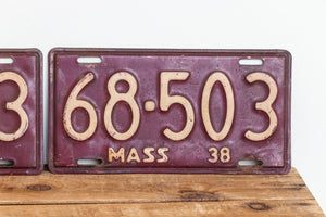 Massachusetts 1938 License Plate Pair Vintage YOM Original Paint Car Decor 68-503 - Eagle's Eye Finds