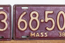 Load image into Gallery viewer, Massachusetts 1938 License Plate Pair Vintage YOM Original Paint Car Decor 68-503 - Eagle&#39;s Eye Finds
