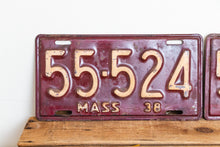 Load image into Gallery viewer, Massachusetts 1938 License Plate Pair Vintage YOM Original Paint Car Decor 55-524 - Eagle&#39;s Eye Finds
