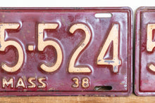 Load image into Gallery viewer, Massachusetts 1938 License Plate Pair Vintage YOM Original Paint Car Decor 55-524 - Eagle&#39;s Eye Finds
