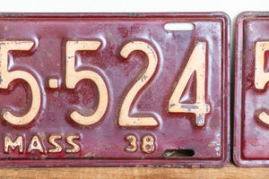Massachusetts 1938 License Plate Pair Vintage YOM Original Paint Car Decor 55-524 - Eagle's Eye Finds